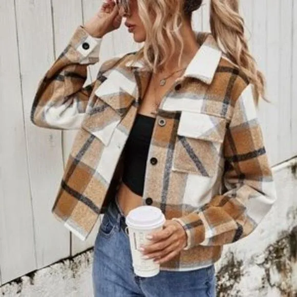 New Plaid Khaki Tan pocket button up jacket shacket