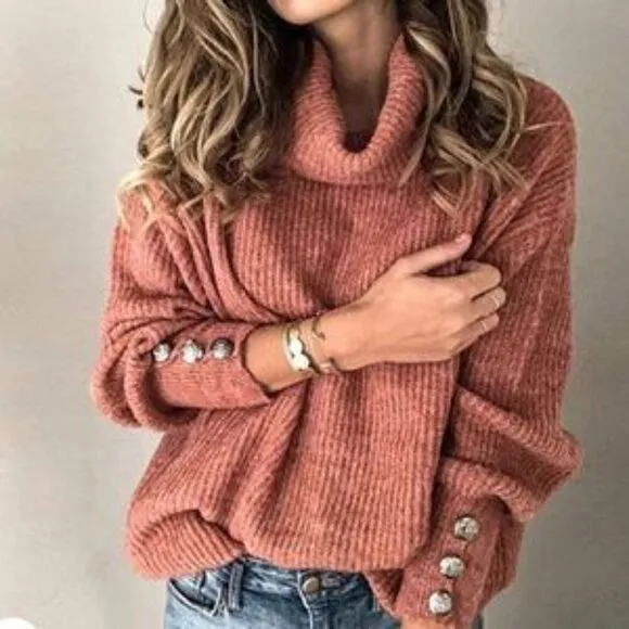 New Turtle Cowl Oversized Button Sleeves Sweater