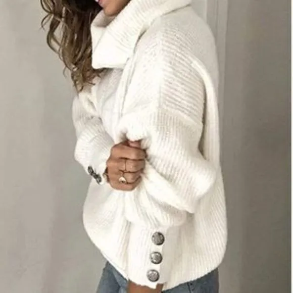New Turtle Cowl Oversized Button Sleeves Sweater