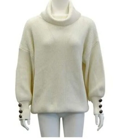 New Turtle Cowl Oversized Button Sleeves Sweater