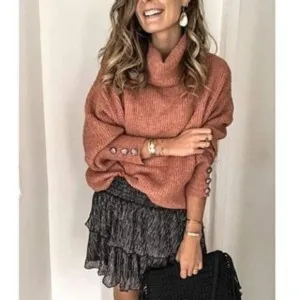 New Turtle Cowl Oversized Button Sleeves Sweater