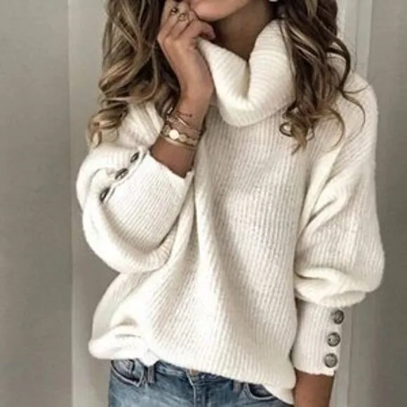 New Turtle Cowl Oversized Button Sleeves Sweater