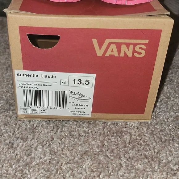 New VANS Brain Wall Green Authentic Elastic Lace Kids Shoes Size 13.5