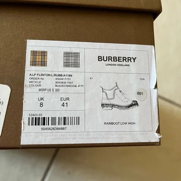 NIB Burberry Flinton Vintage-check Rubber Rain Boots Black Sz US 10.5-11…