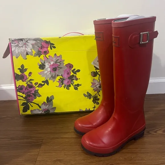 NIB Joules Red Tall Rubber Rain Boots Size 5 US