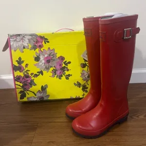 NIB Joules Red Tall Rubber Rain Boots Size 5 US