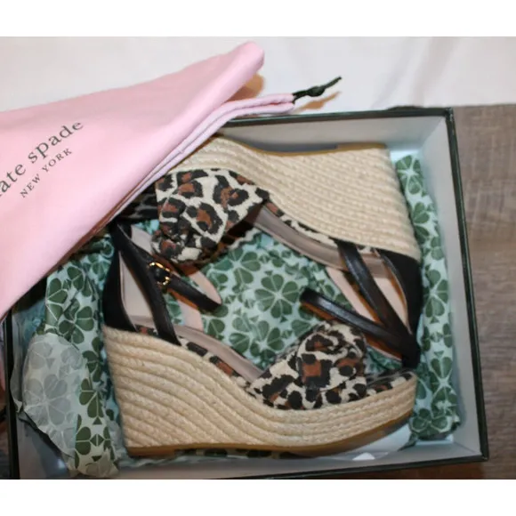 NIB Kate Spade New York Women's Tiana Leopard Wedge Espadrille Sandals 6.5 BLACK