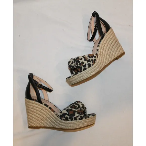 NIB Kate Spade New York Women's Tiana Leopard Wedge Espadrille Sandals 6.5 BLACK