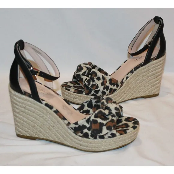 NIB Kate Spade New York Women's Tiana Leopard Wedge Espadrille Sandals 6.5 BLACK