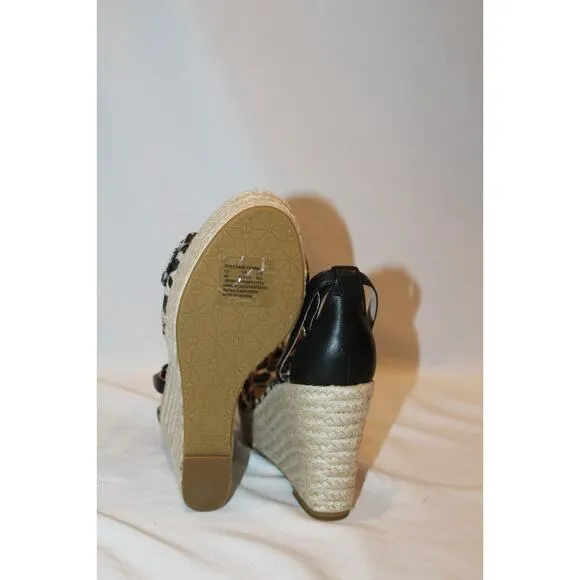 NIB Kate Spade New York Women's Tiana Leopard Wedge Espadrille Sandals 6.5 BLACK