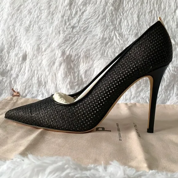 NIB SJP by Sarah J Parker Fishnet Fawn Black Mesh Glow Pumps EU 39 US 8.5 100mm