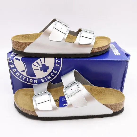 NIDB Birkenstock Arizona Birko-Flor Sandals in Silver EU 41 Narrow Fit