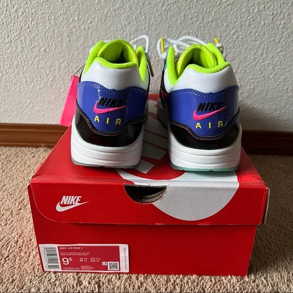 Nike Air Max 1 Men’s Black Hyper Pink Opti Yellow Athletic Casual Tennis Shoes