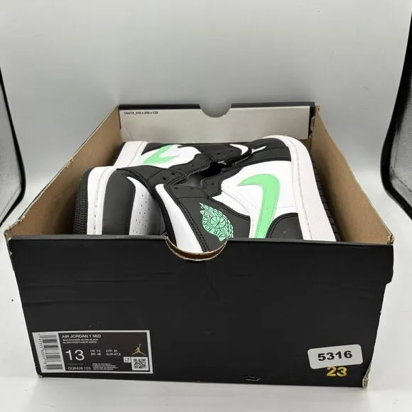 Nike Jordan Air 1 Mid Green Glow White/black Sneakers Size 13 DQ8426-103 New
