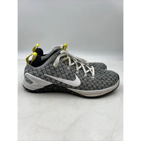 Nike Metcon Shoes Mens 10.5 DSX Flyknit 2X Training Dynamic Yellow Gray Sneakers