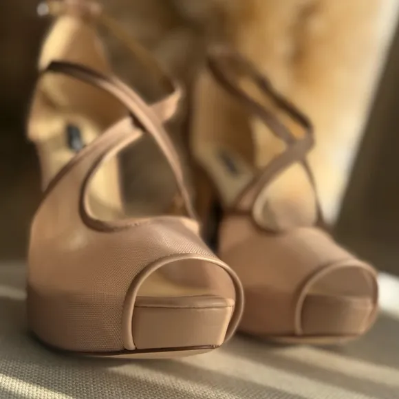Nude high heels with mesh detail sandals ankle strap shoes
