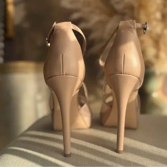 Nude high heels with mesh detail sandals ankle strap shoes