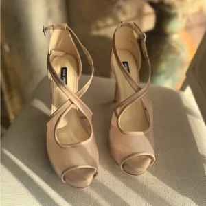 Nude high heels with mesh detail sandals ankle strap shoes