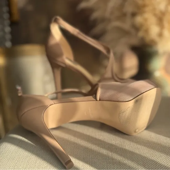 Nude high heels with mesh detail sandals ankle strap shoes