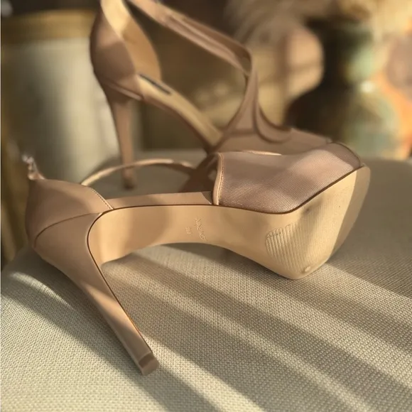 Nude high heels with mesh detail sandals ankle strap shoes