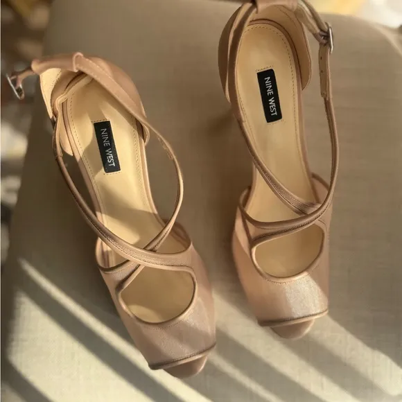 Nude high heels with mesh detail sandals ankle strap shoes