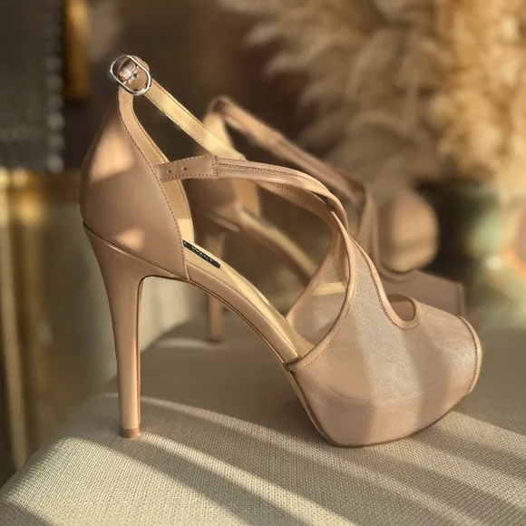 Nude high heels with mesh detail sandals ankle strap shoes