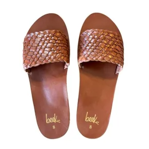 NWB BEEK Women's Fairy Leather Woven Strap Flat Sandals in Tan Size 8