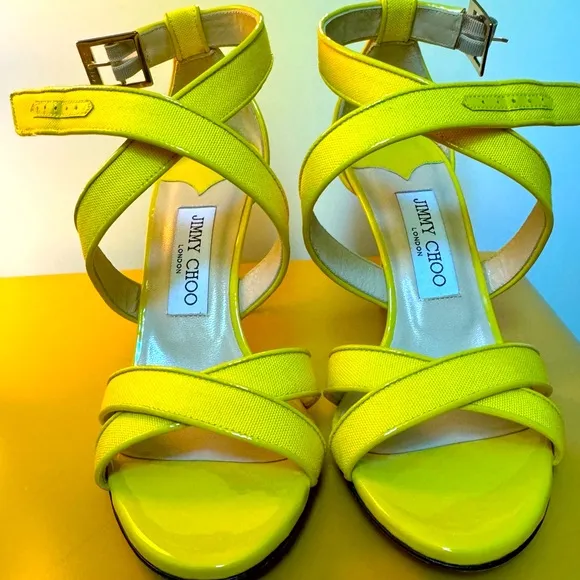 NWIB Jimmy Choo Canvas Patent Yelllow Sandal shoes