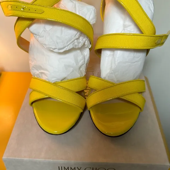 NWIB Jimmy Choo Canvas Patent Yelllow Sandal shoes