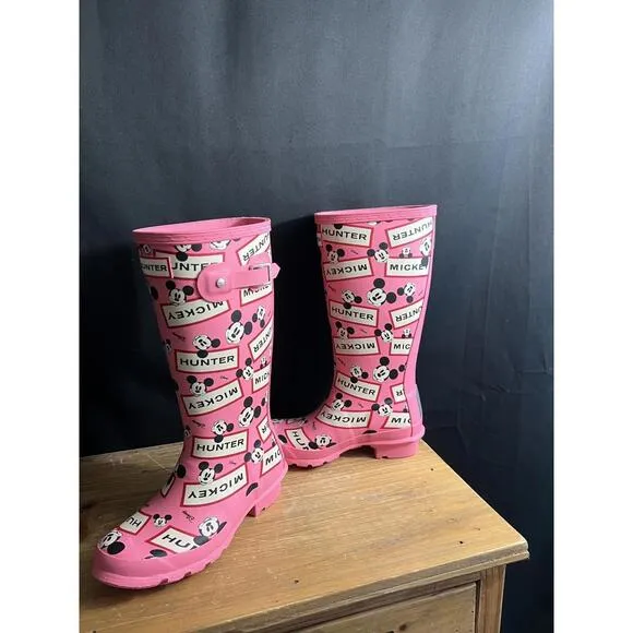 NWOB Hunter Kids Sz 1 Boys/2 Girls Original Disney Mickey Mouse PINK Rain Boots