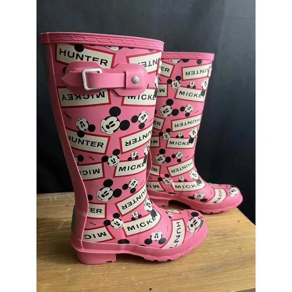 NWOB Hunter Kids Sz 1 Boys/2 Girls Original Disney Mickey Mouse PINK Rain Boots