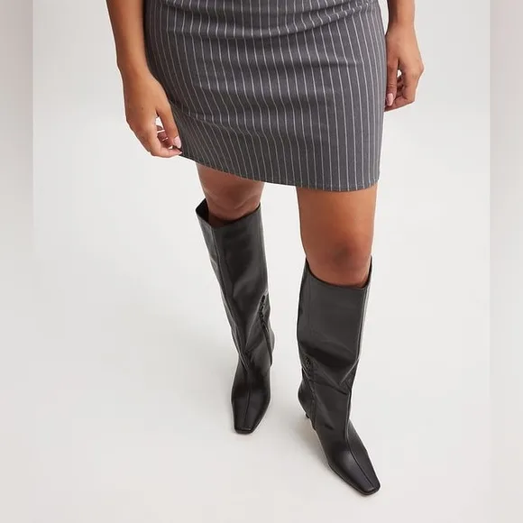 NWOB NAKD Black Leather Stiletto Wide Shaft Boots - Size 36