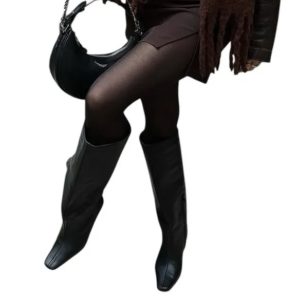 NWOB NAKD Black Leather Stiletto Wide Shaft Boots - Size 36