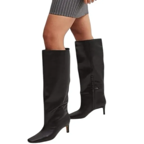 NWOB NAKD Black Leather Stiletto Wide Shaft Boots - Size 36