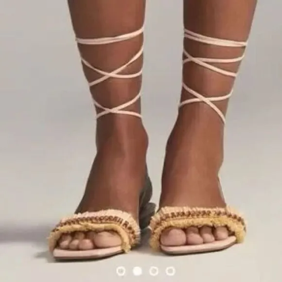 NWOT Anthropologie Embellished Tie Up Pink/Rose Raffia Square Toe Sandals