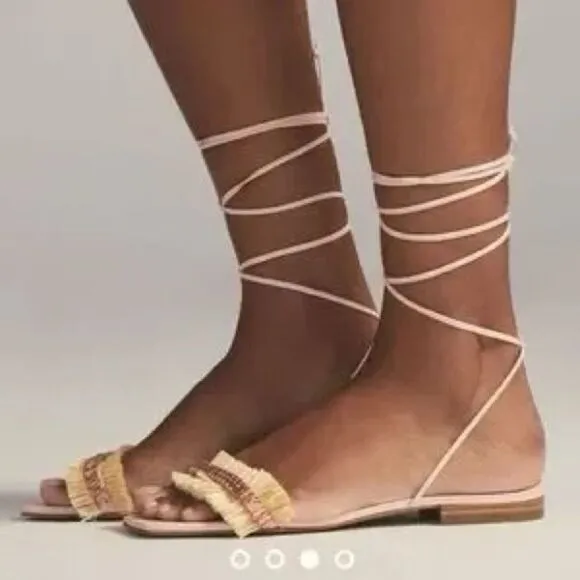 NWOT Anthropologie Embellished Tie Up Pink/Rose Raffia Square Toe Sandals