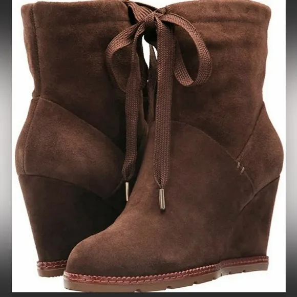 Nwot KATE SPADE Saunders Suede Wedge Front Tie Boots Chocolate Brown size 11
