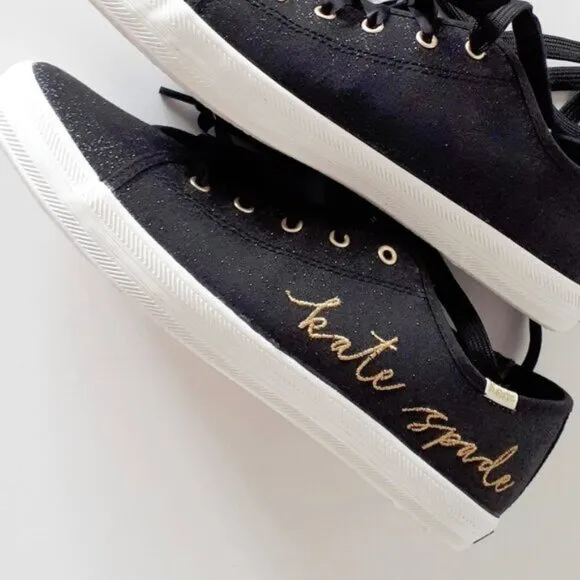 NWOT Keds x Kate Spade black glitter &amp; gold “kate spade&quot; script sneaker shoes