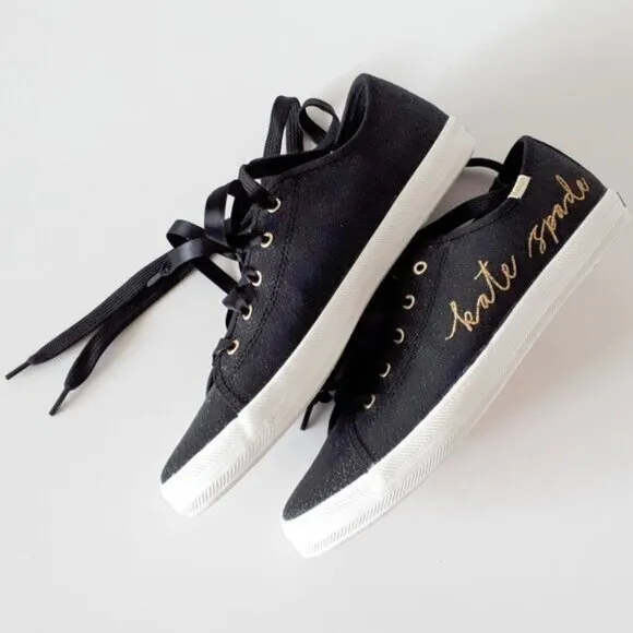 NWOT Keds x Kate Spade black glitter &amp; gold “kate spade&quot; script sneaker shoes
