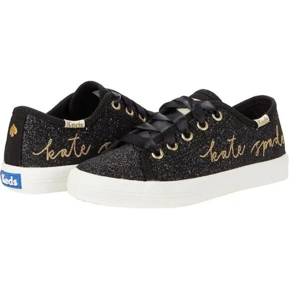 NWOT Keds x Kate Spade black glitter &amp; gold “kate spade&quot; script sneaker shoes