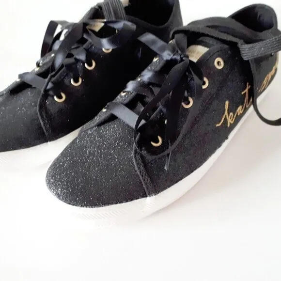 NWOT Keds x Kate Spade black glitter &amp; gold “kate spade&quot; script sneaker shoes