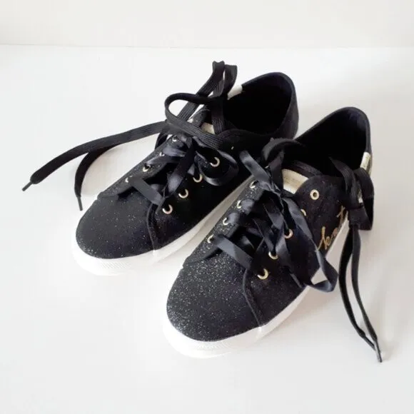 NWOT Keds x Kate Spade black glitter &amp; gold “kate spade&quot; script sneaker shoes