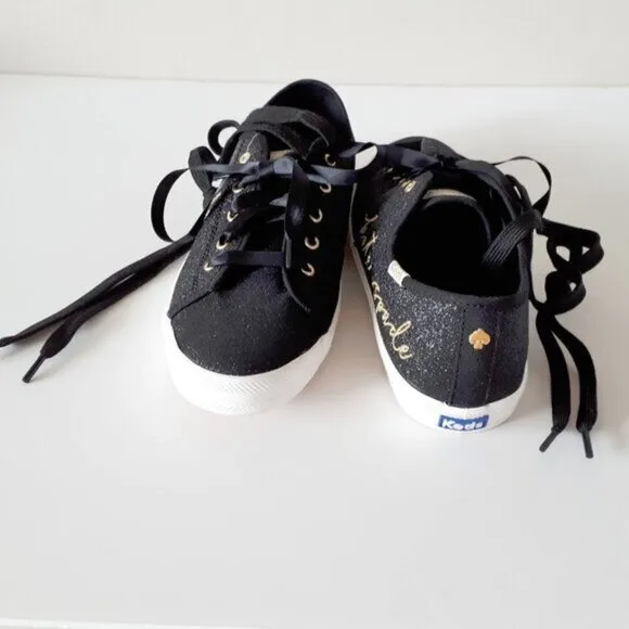 NWOT Keds x Kate Spade black glitter &amp; gold “kate spade&quot; script sneaker shoes