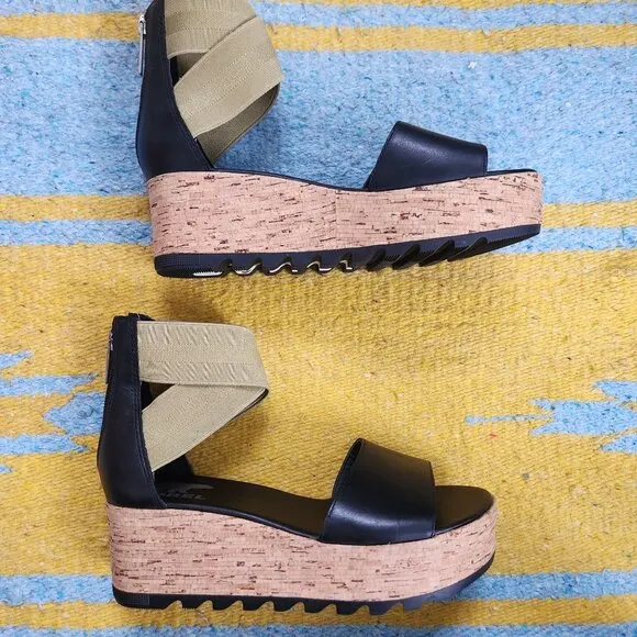 NWOT Sorel Cameron Flatform Wedge Ankle Strap Sandals Size 6.5 Black LL6025-010
