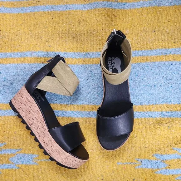 NWOT Sorel Cameron Flatform Wedge Ankle Strap Sandals Size 6.5 Black LL6025-010