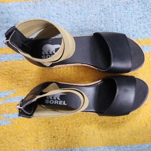 NWOT Sorel Cameron Flatform Wedge Ankle Strap Sandals Size 6.5 Black LL6025-010
