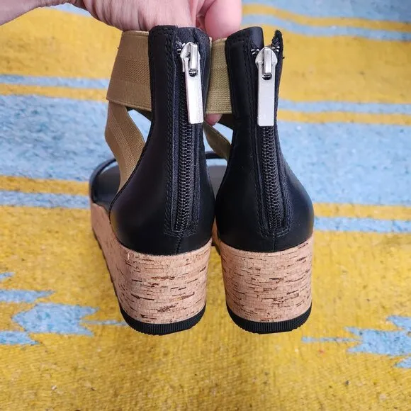 NWOT Sorel Cameron Flatform Wedge Ankle Strap Sandals Size 6.5 Black LL6025-010