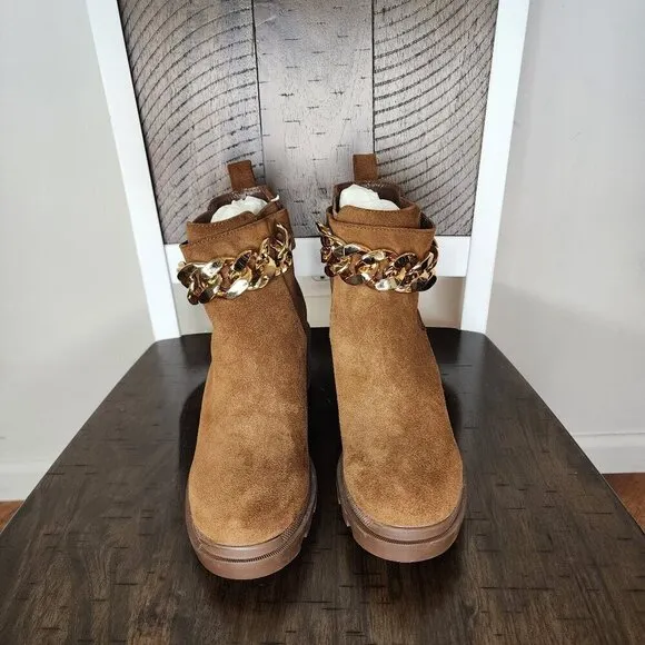 NWOT Steve Madden Amulet C-Chain Lug Sole Bootie Chestnut Suede Size 10