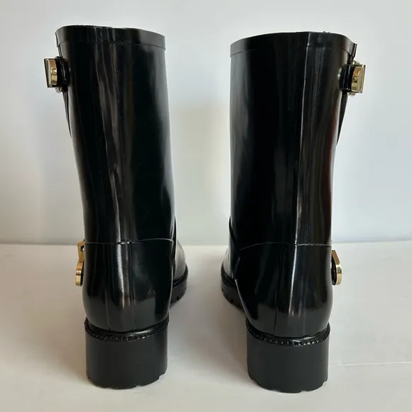 NWOT Vince Camuto Women’s 8m Black Rubber Boots Mid Calf Gold Hardware