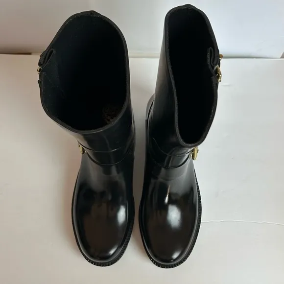 NWOT Vince Camuto Women’s 8m Black Rubber Boots Mid Calf Gold Hardware